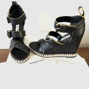 NWT AUTHENTIC Balenciaga Spring Sandal Pelle Wedge Black & Yellow Size 37